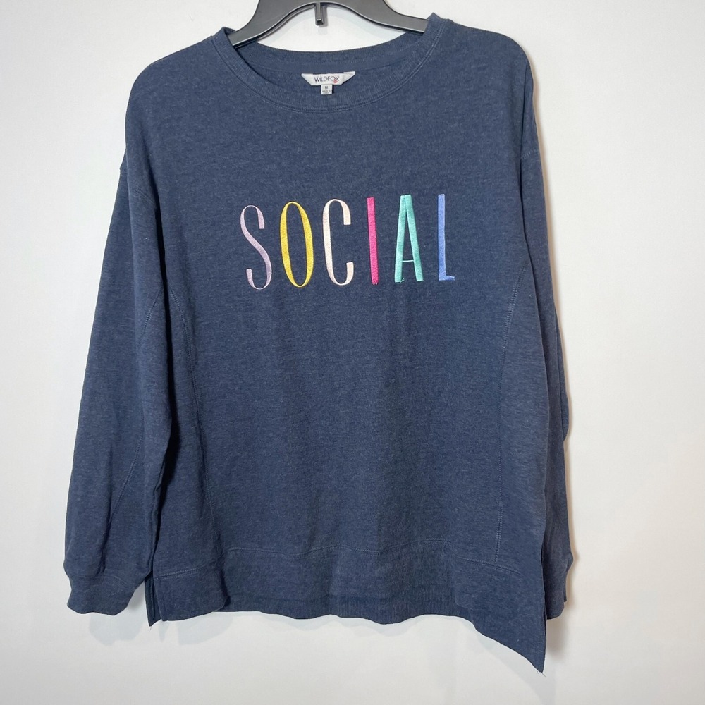 Wildfox Womens Social Statement Pullover Sweatshirt Navy Blue M Long Sleeve Crew